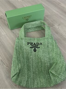 PRADA L’Homme Light Green Raffia Mini Tote Bag